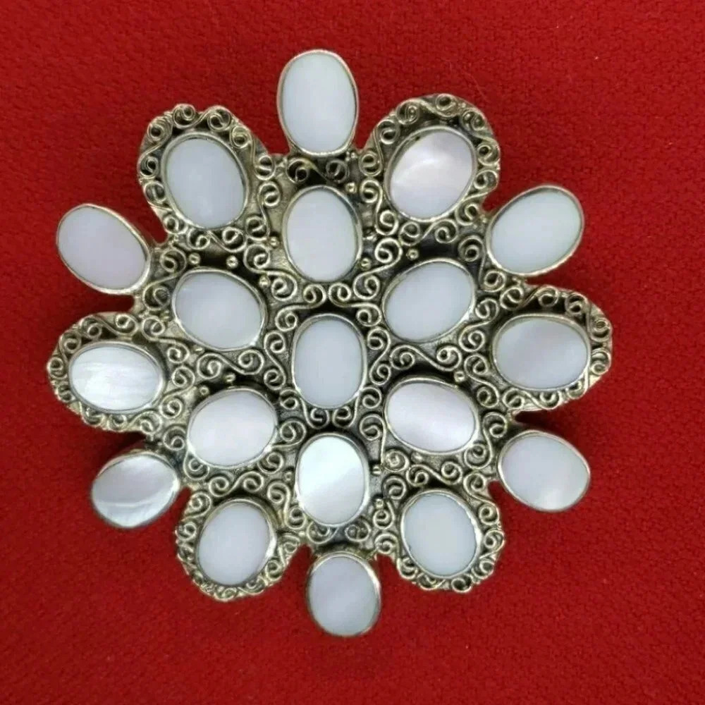Vintage filigree Sterling silver/Alabone 2.5" brooch‎